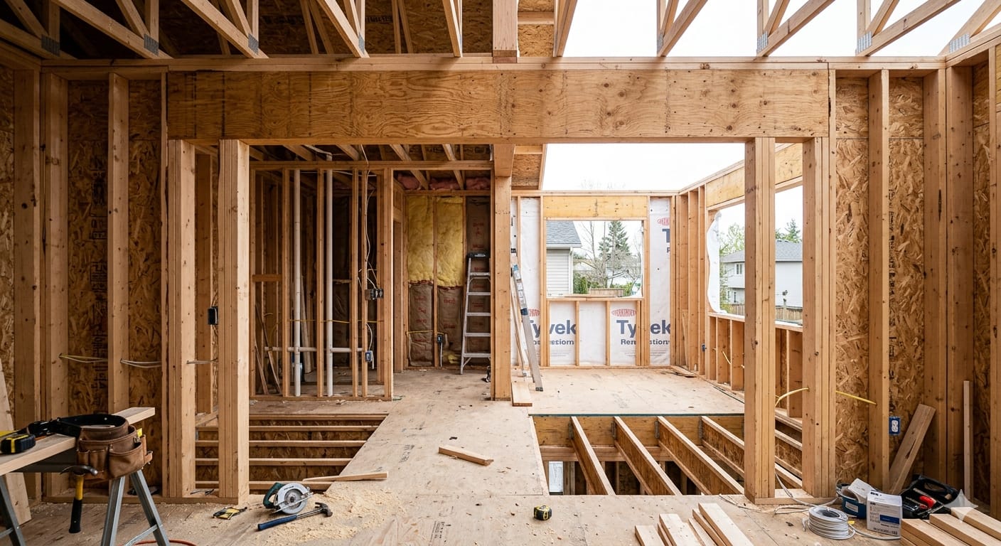 Residential renovation site showing an opening in a load-bearing wall